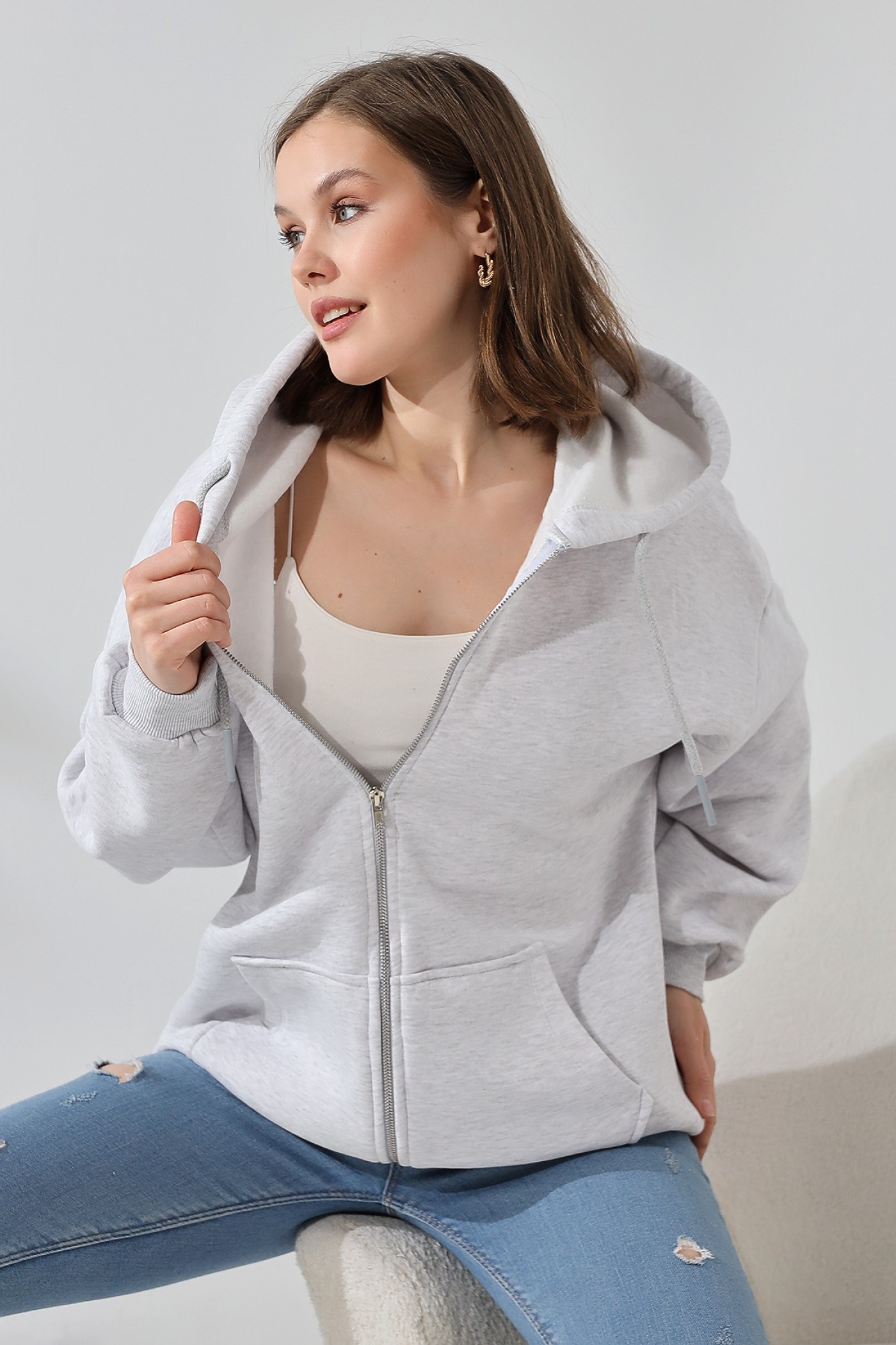 3 İplik fermuarlı oversize sweatshirt Beyaz