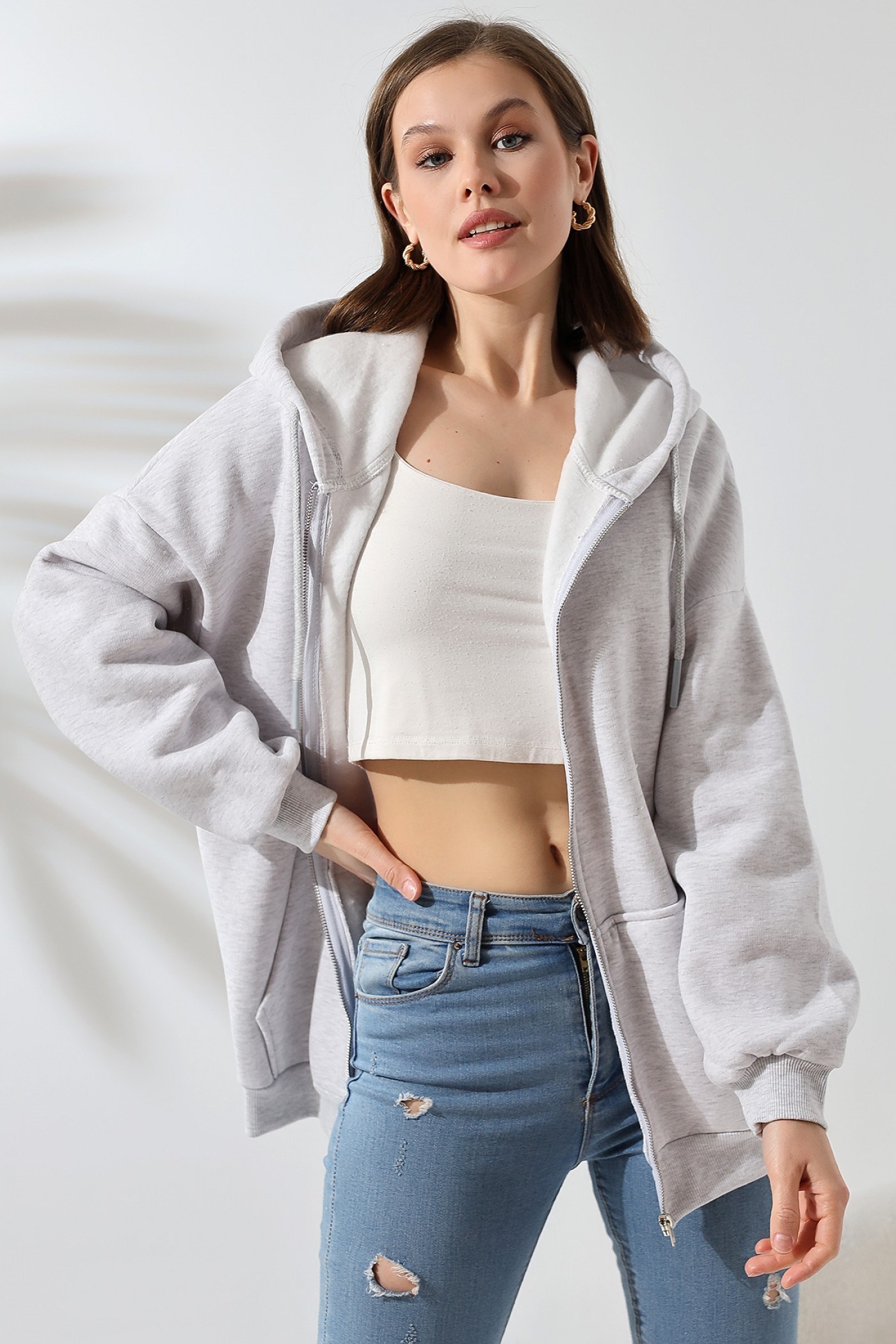 3 İplik fermuarlı oversize sweatshirt Beyaz