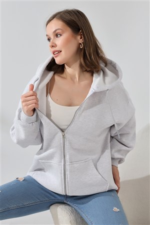 3 İplik fermuarlı oversize sweatshirt KARMELANJ