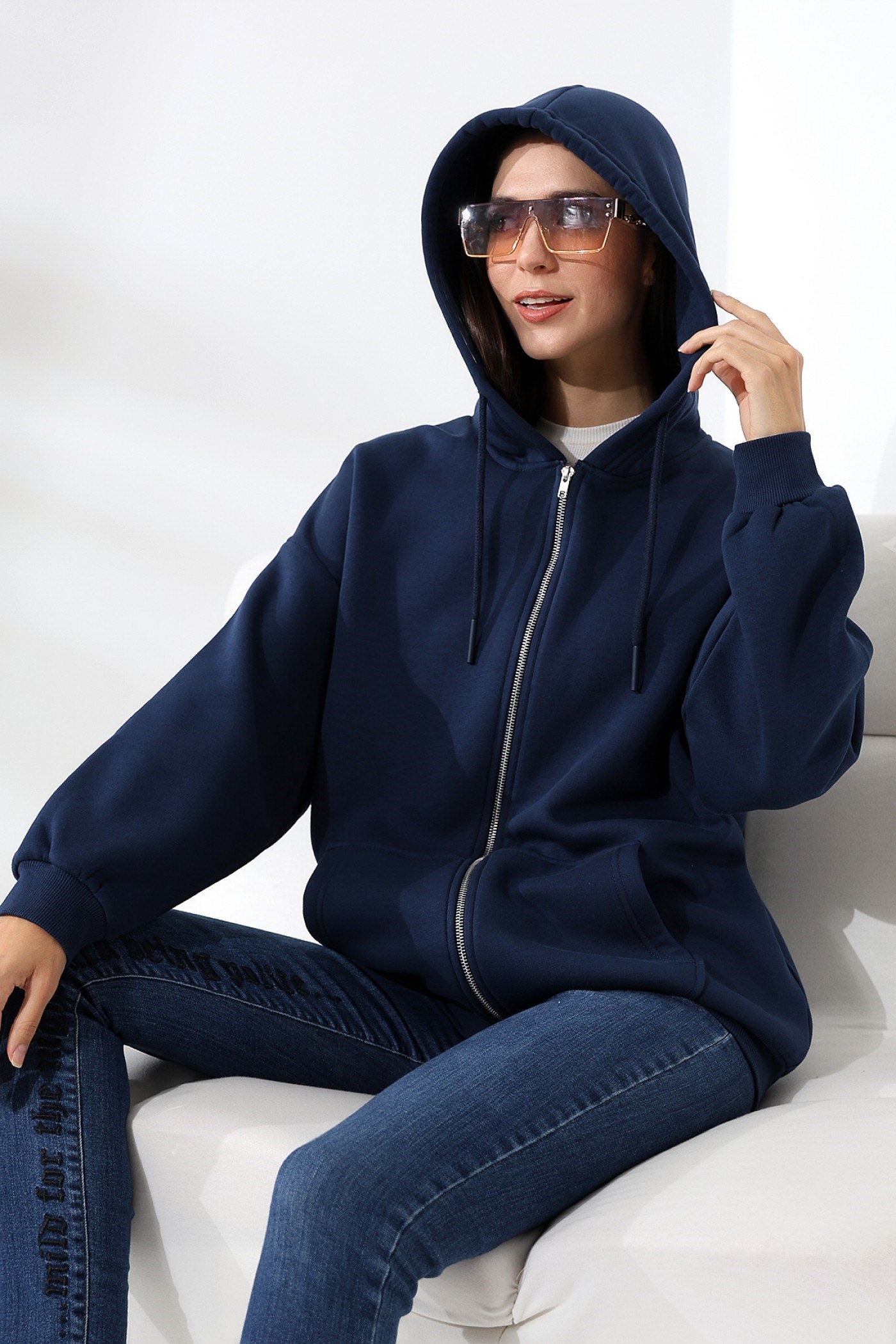 3 İplik fermuarlı oversize sweatshirt Lacivert