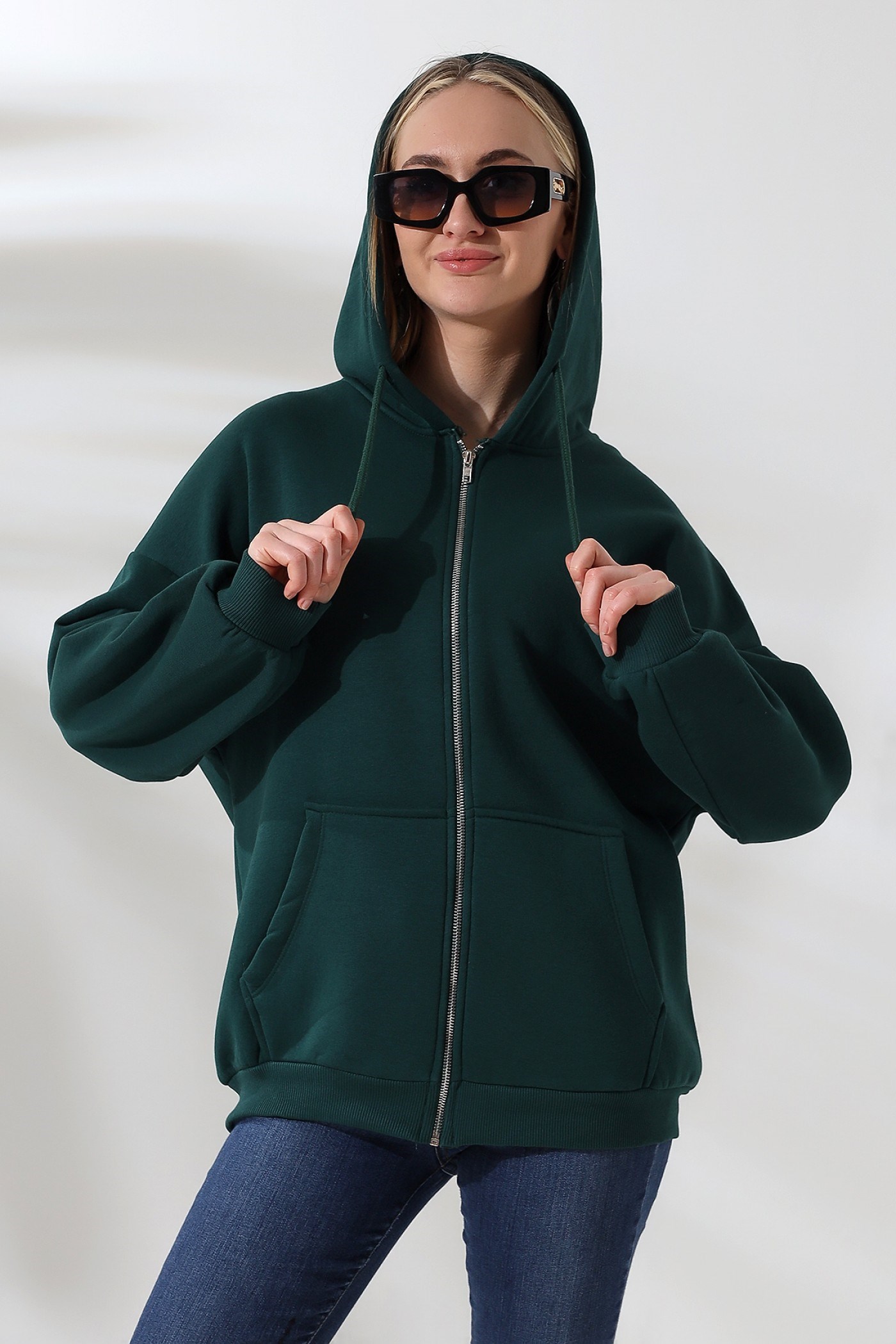 3 İplik fermuarlı oversize sweatshirt Yeşil