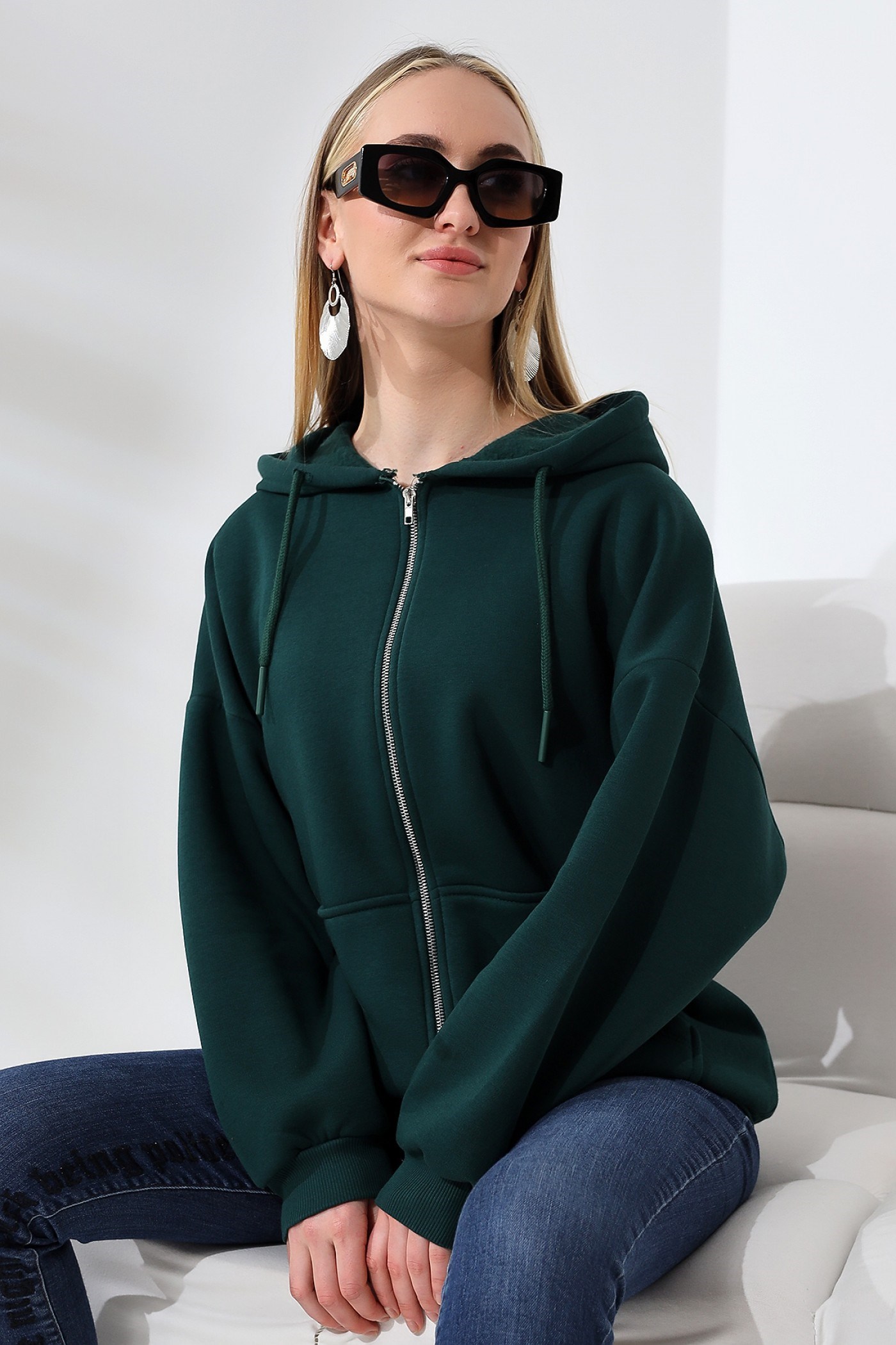 3 İplik fermuarlı oversize sweatshirt Yeşil