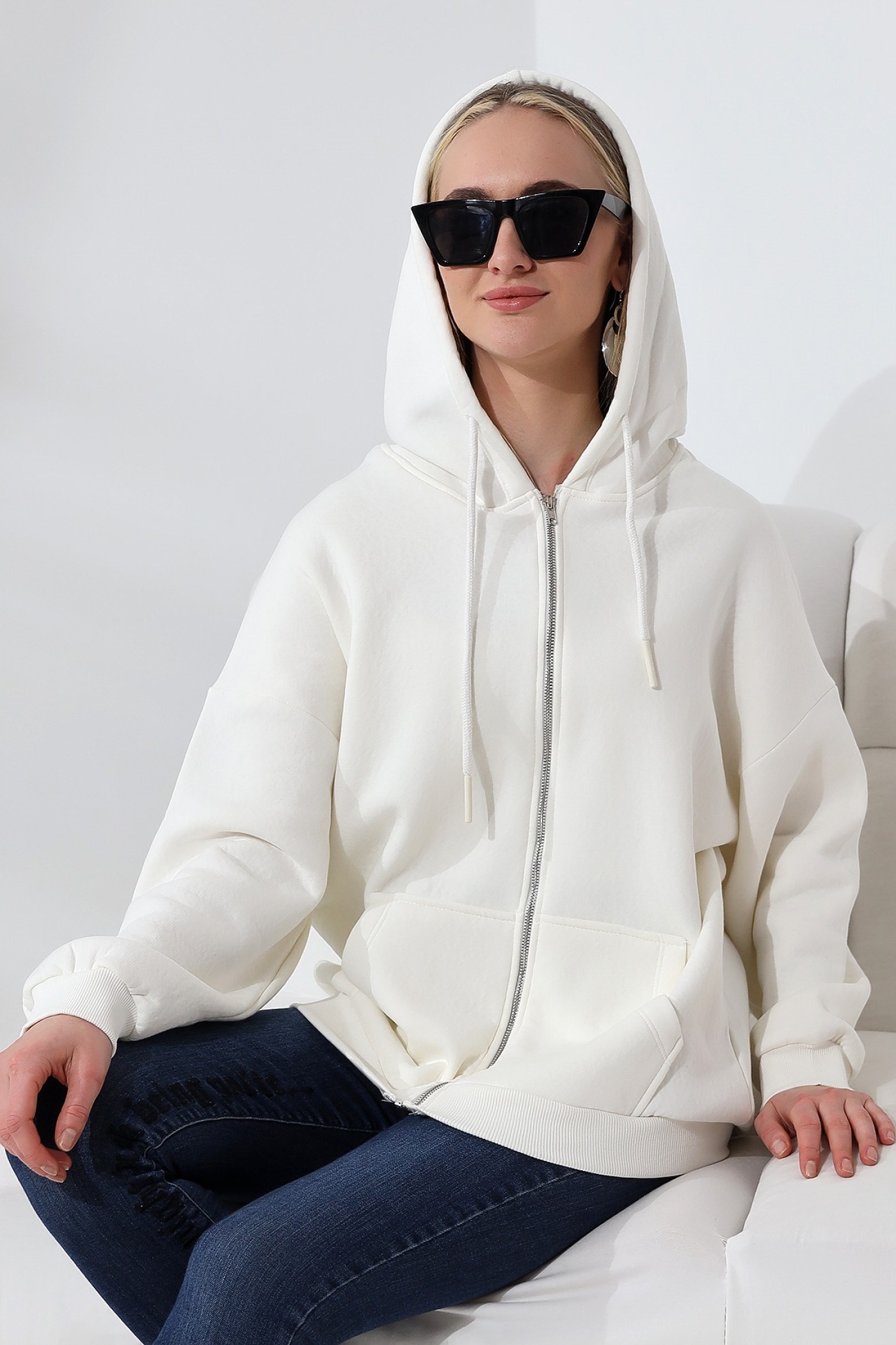 3 İplik fermuarlı oversize sweatshirt ekru