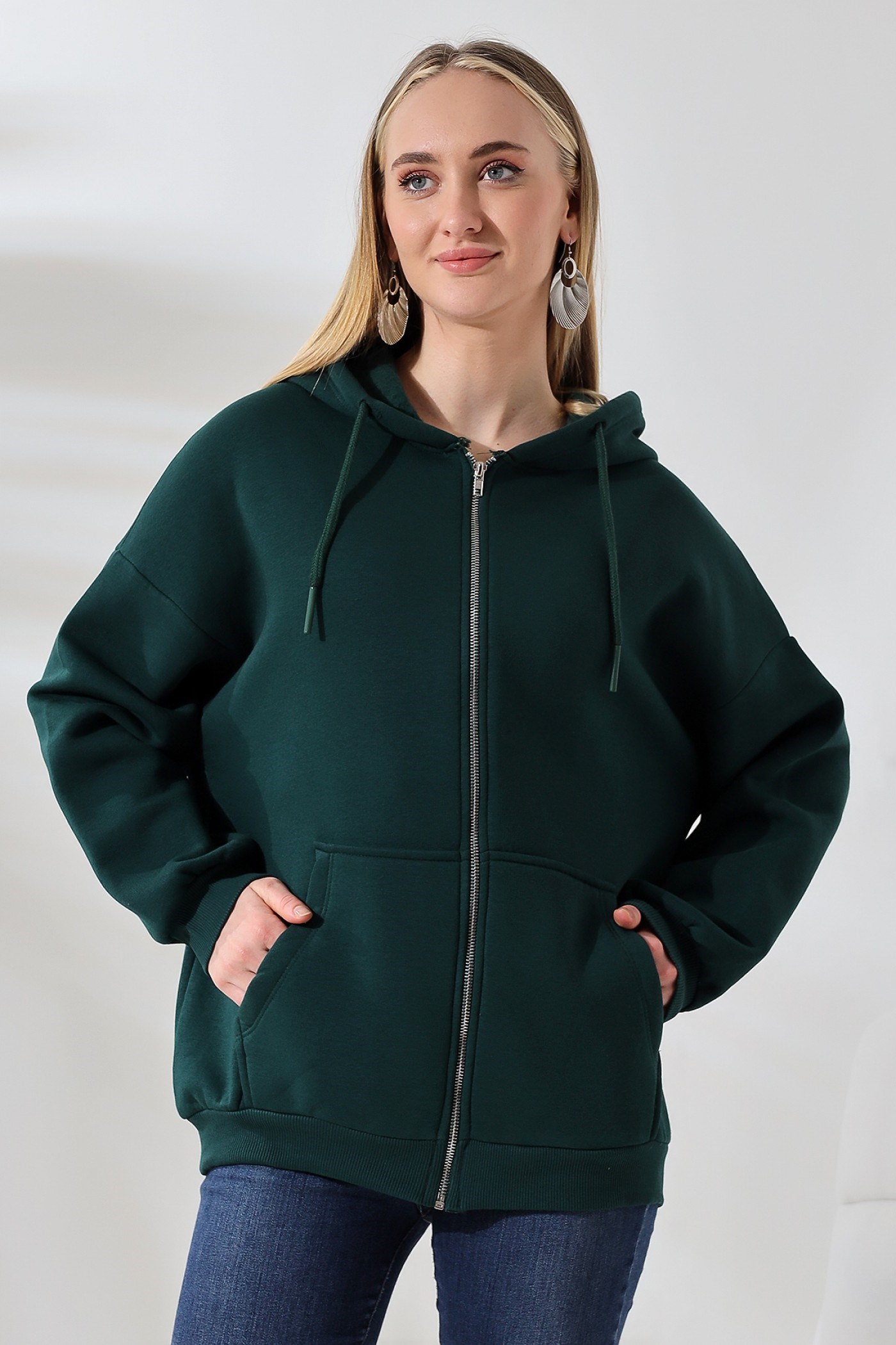 3 İplik fermuarlı oversize sweatshirt koyu yeşil