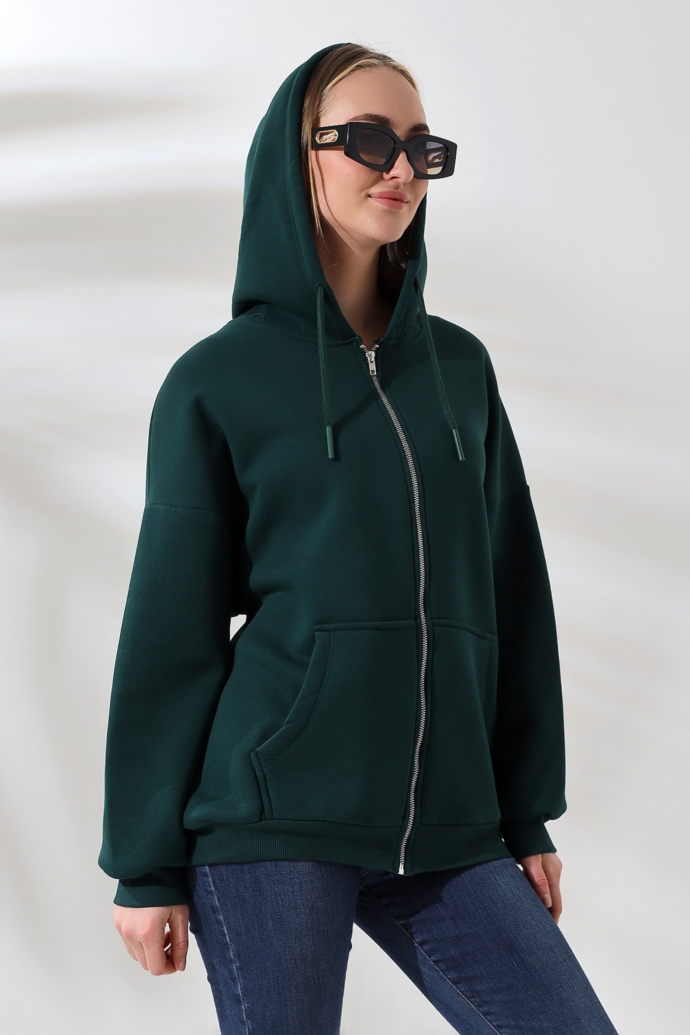 3 İplik fermuarlı oversize sweatshirt koyu yeşil