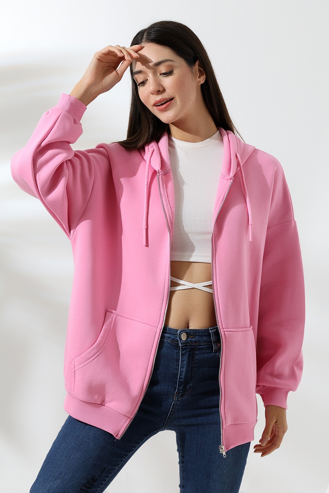 3 İplik fermuarlı oversize sweatshirt pembe