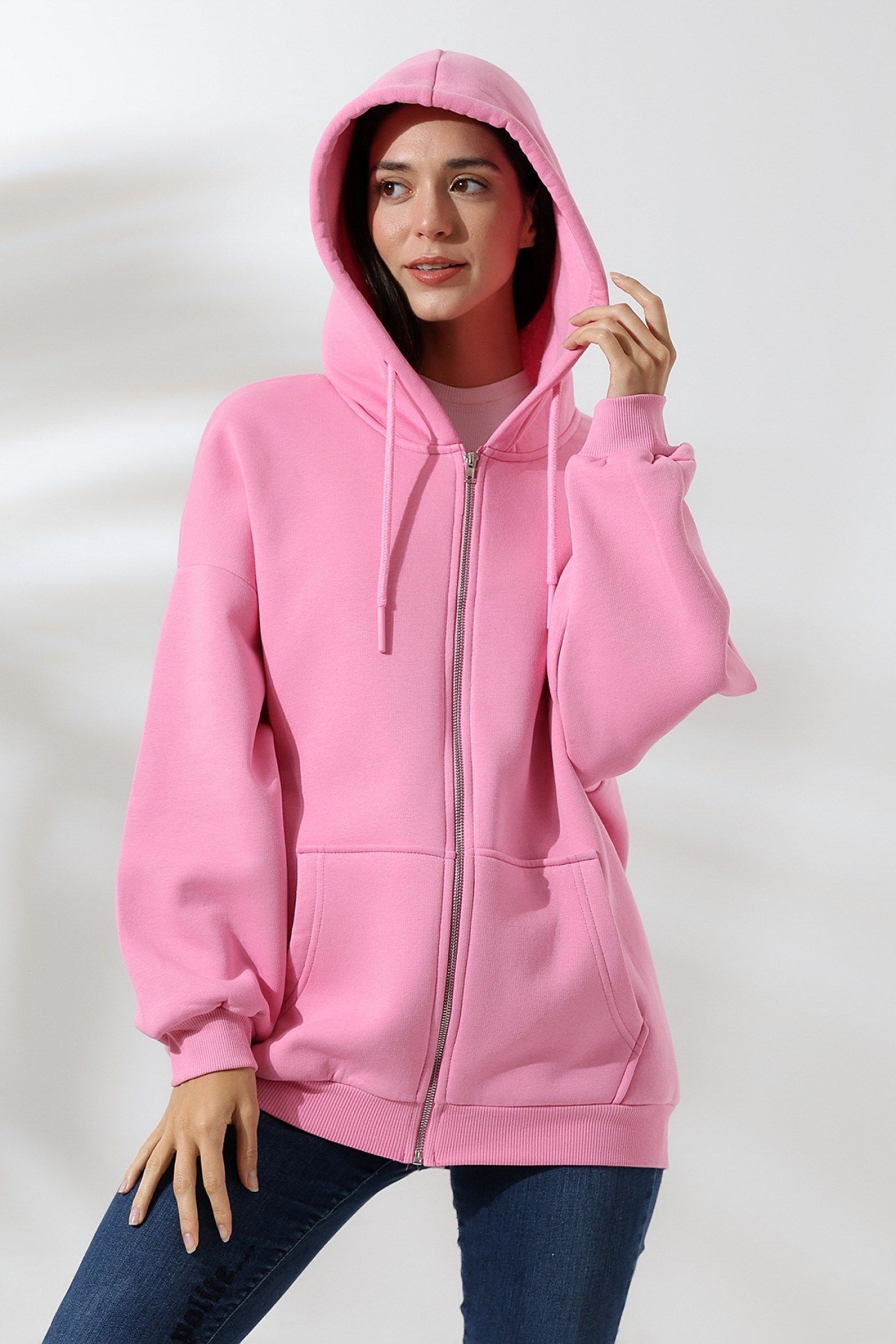 3 İplik fermuarlı oversize sweatshirt pembe