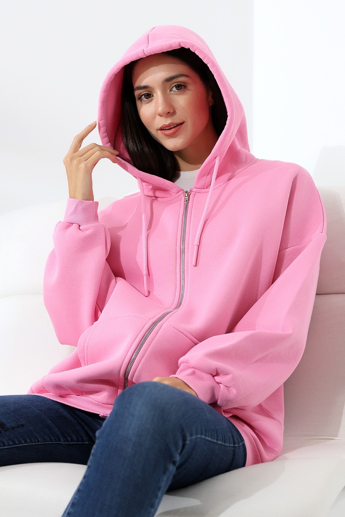 3 İplik fermuarlı oversize sweatshirt pembe