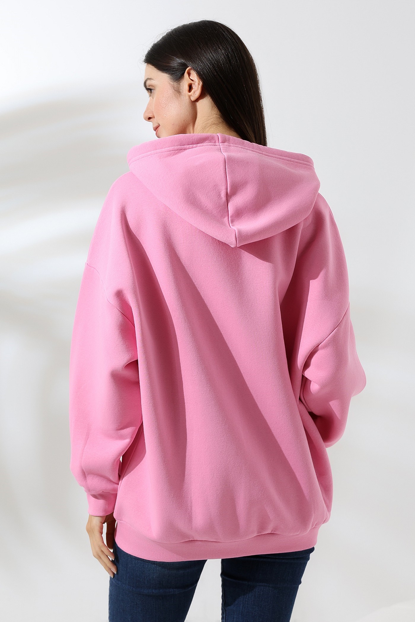 3 İplik fermuarlı oversize sweatshirt pembe