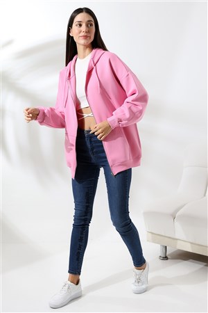 3 İplik fermuarlı oversize sweatshirt pembe