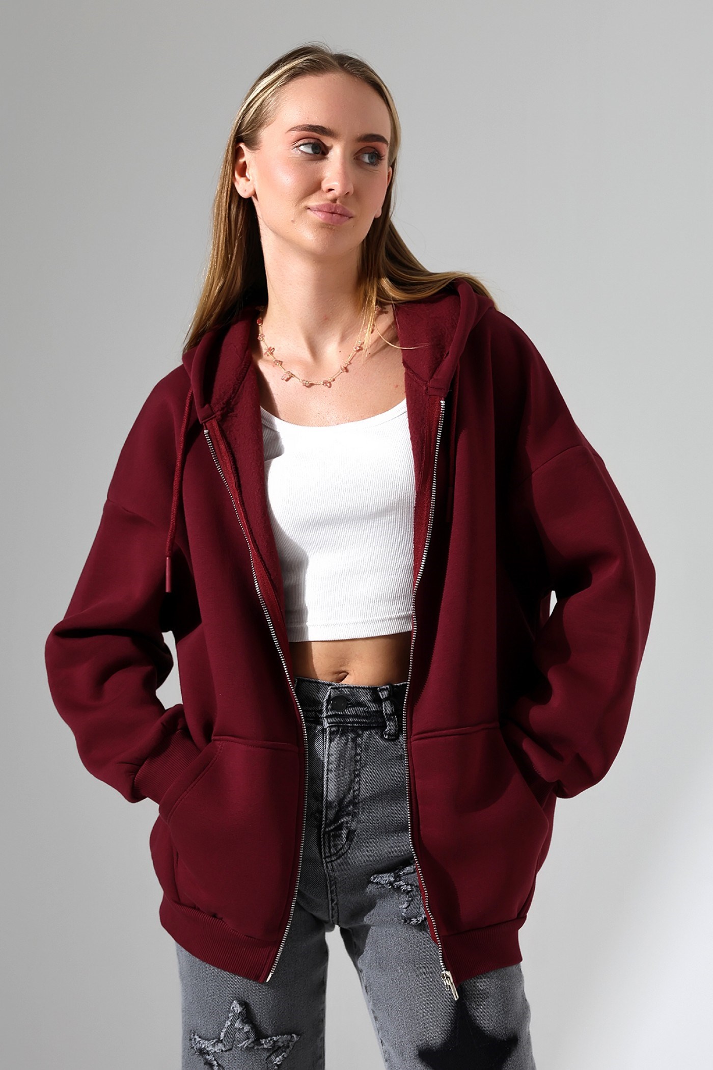 3 İplik fermuarlı oversize sweatshirt bordo