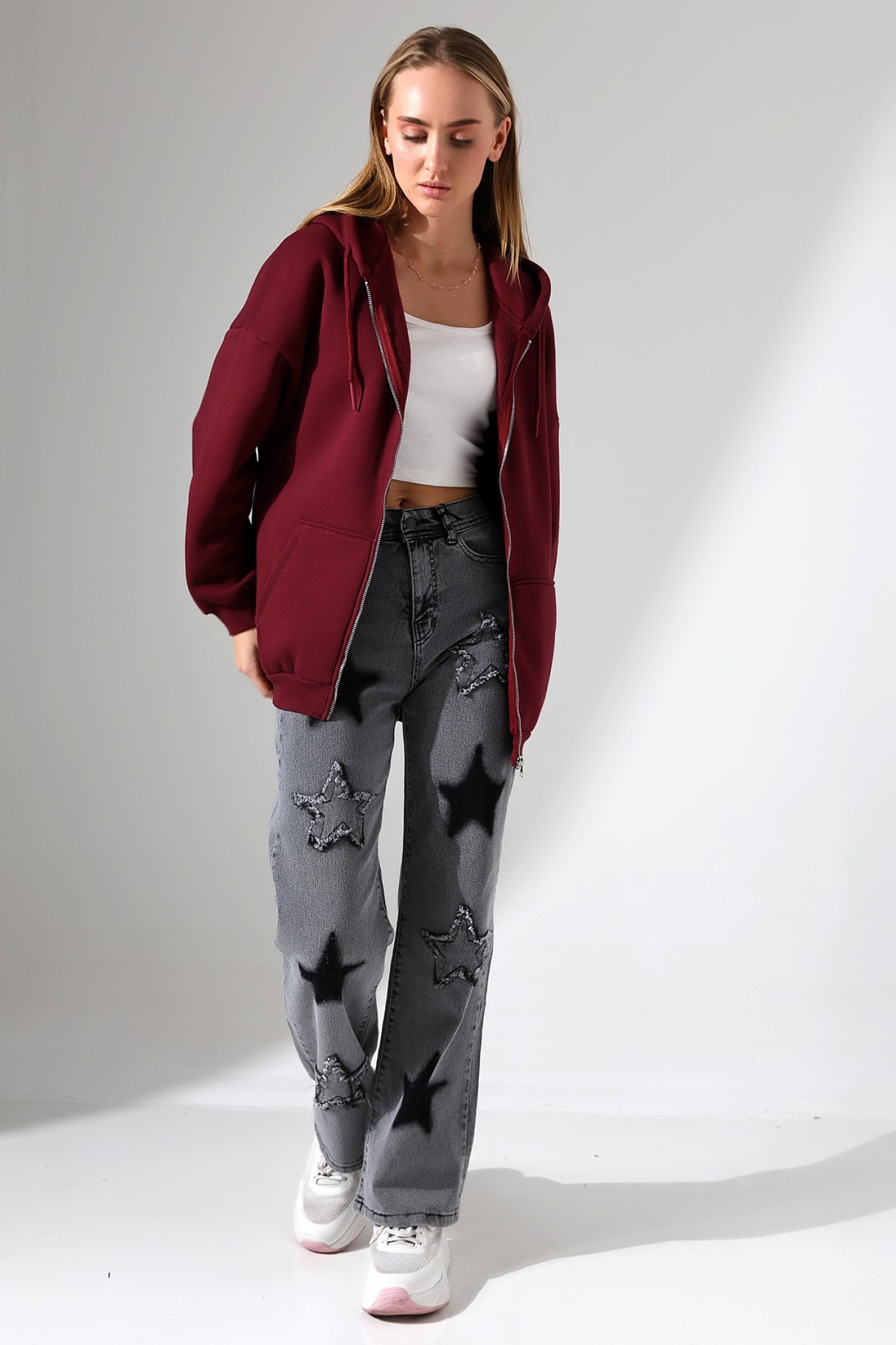 3 İplik fermuarlı oversize sweatshirt bordo