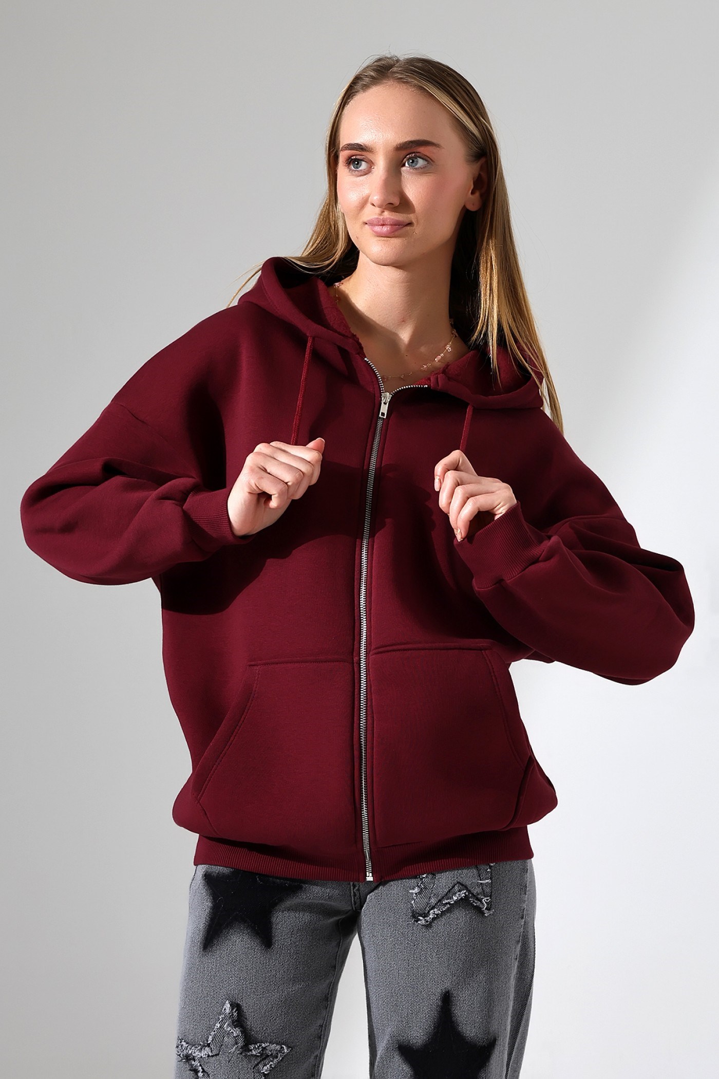 3 İplik fermuarlı oversize sweatshirt bordo