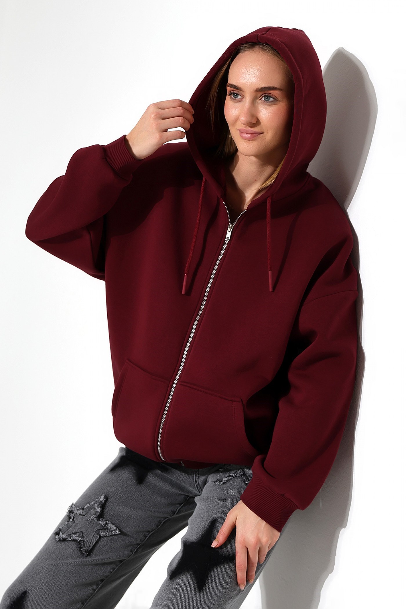 3 İplik fermuarlı oversize sweatshirt bordo