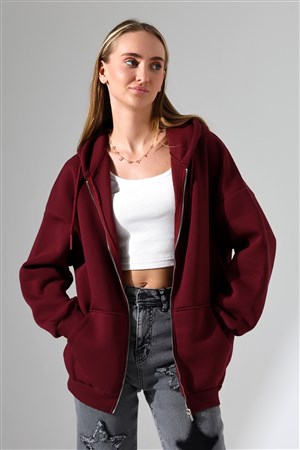 3 İplik fermuarlı oversize sweatshirt bordo