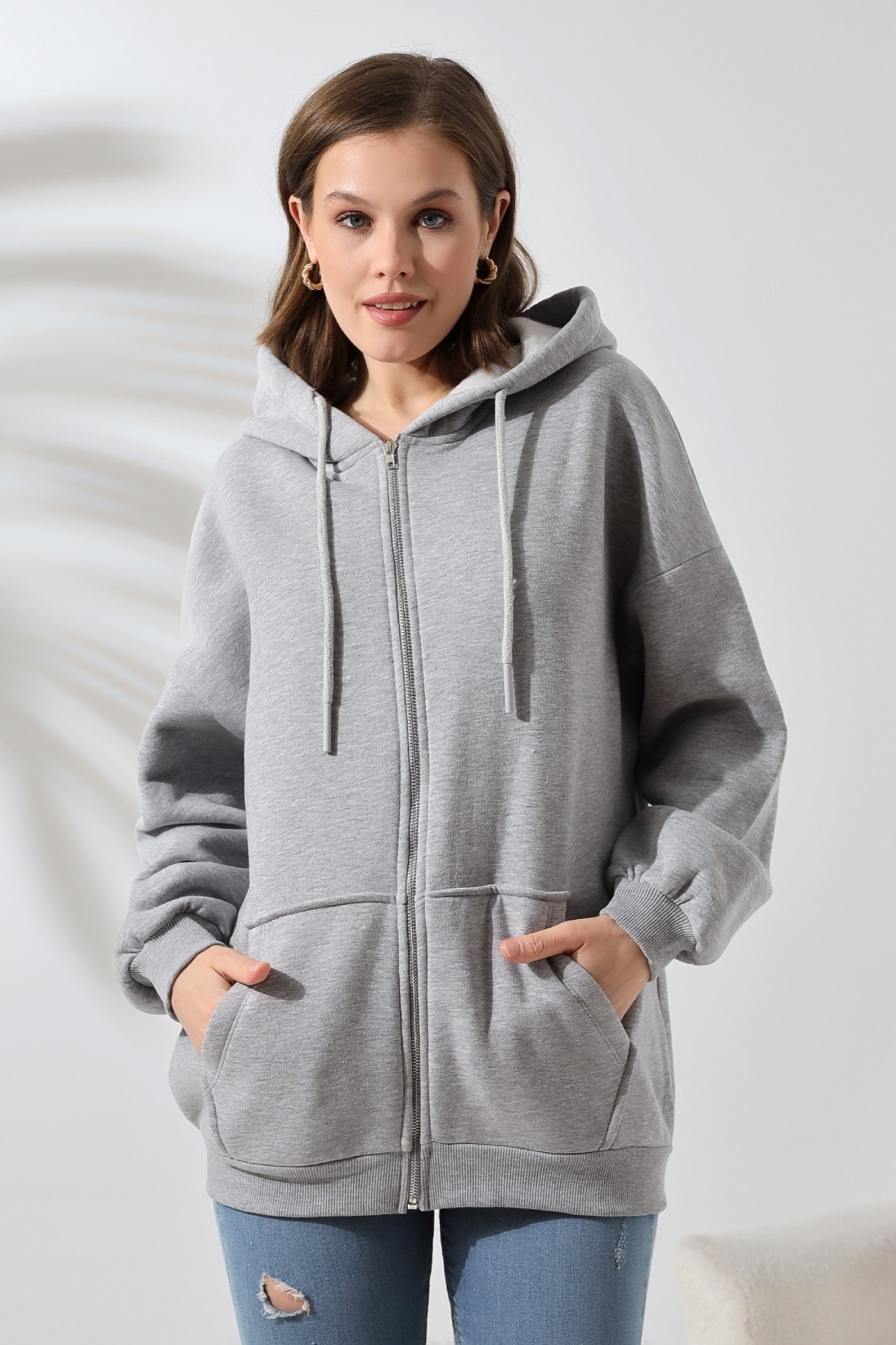 3 İplik fermuarlı oversize sweatshirt Gri